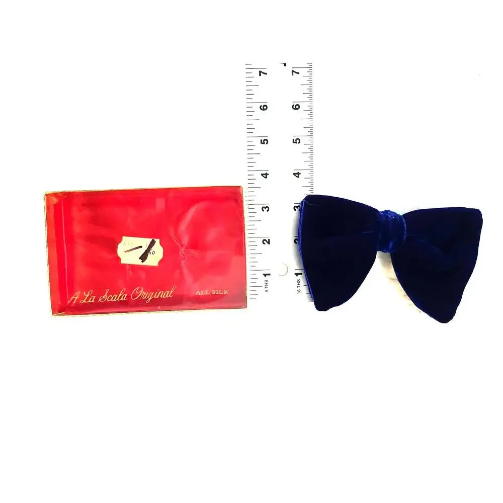 Vintage A La Scala Blue Velvet Bow Tie Silk Clip-On Ormond Rust Resist Box EUC